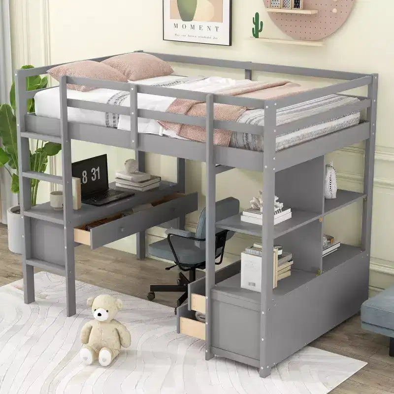 Lit mezzanine avec bureau intégré, étagères de rangement et tiroirs