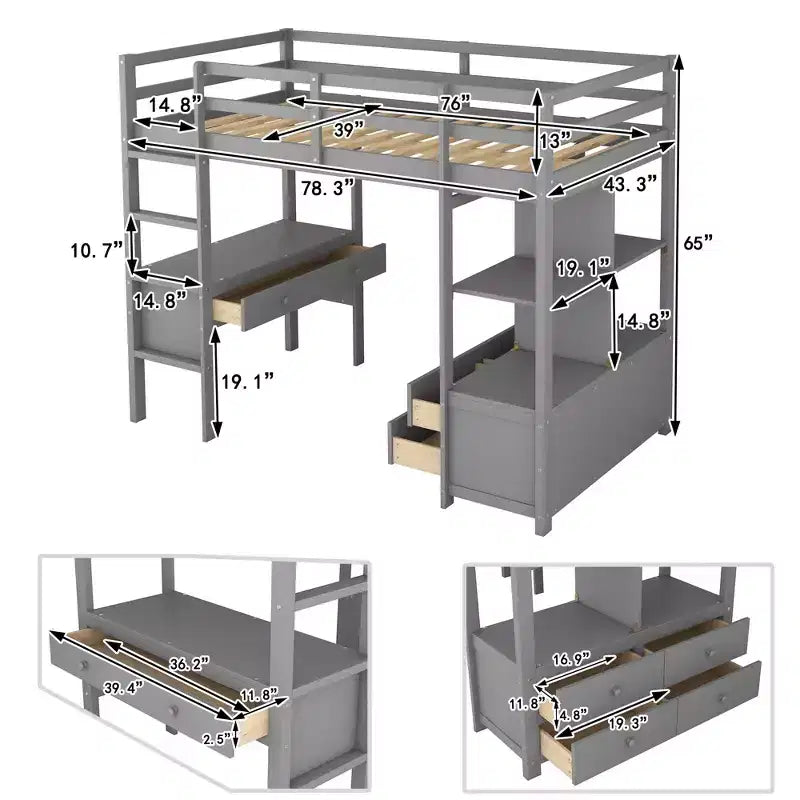Lit mezzanine avec bureau intégré, étagères de rangement et tiroirs