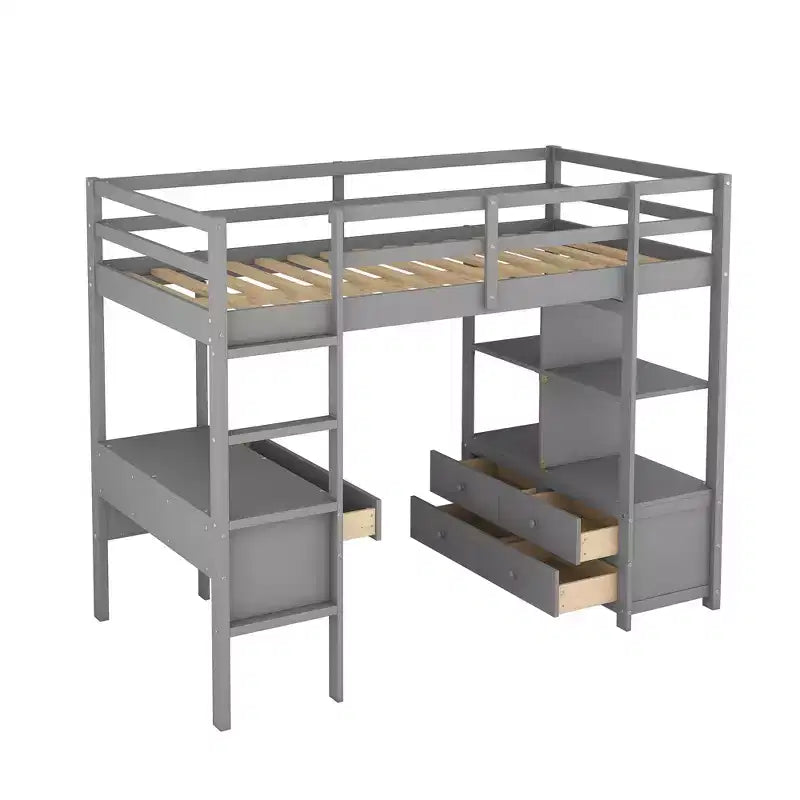 Lit mezzanine avec bureau intégré, étagères de rangement et tiroirs