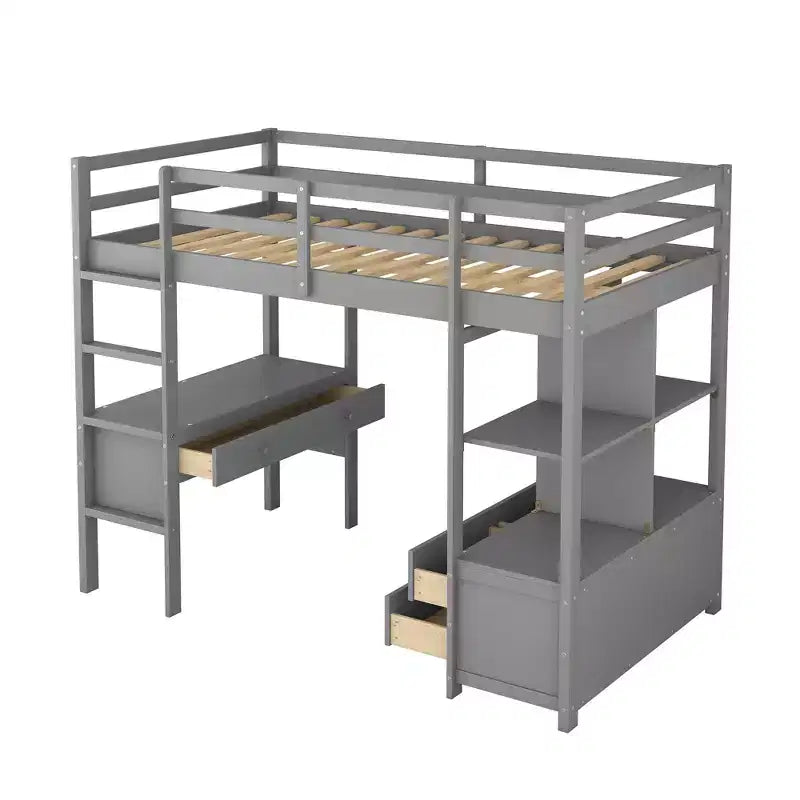 Lit mezzanine avec bureau intégré, étagères de rangement et tiroirs