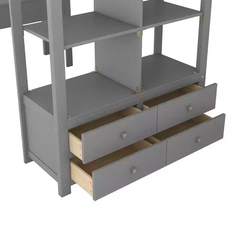 Lit mezzanine avec bureau intégré, étagères de rangement et tiroirs