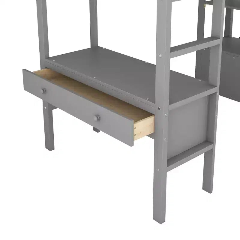 Lit mezzanine avec bureau intégré, étagères de rangement et tiroirs