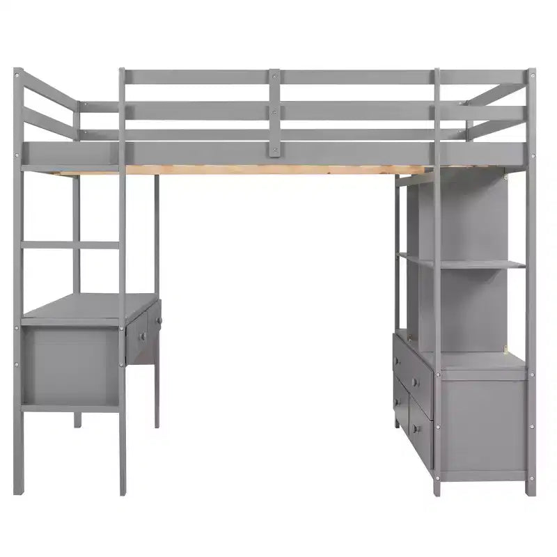 Lit mezzanine avec bureau intégré, étagères de rangement et tiroirs