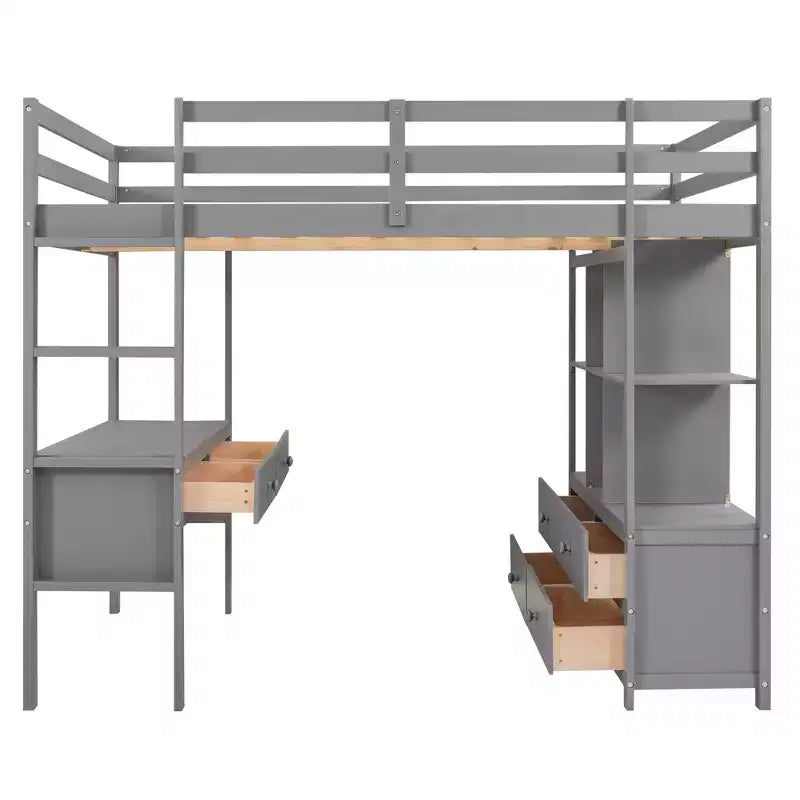Lit mezzanine avec bureau intégré, étagères de rangement et tiroirs